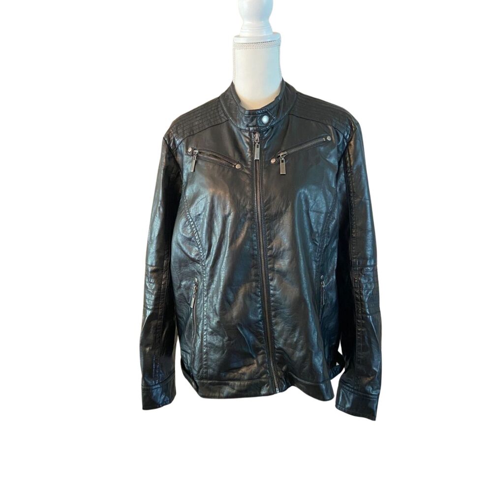 VTG Urbanology Women's Black Faux Leather Moto Jacket Coat Full Zip 2XL Y2K Goth